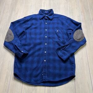 Vintage Pendleton Wool Shirt Mens M Blue Elbow Patch Button Down Virgin Wool
